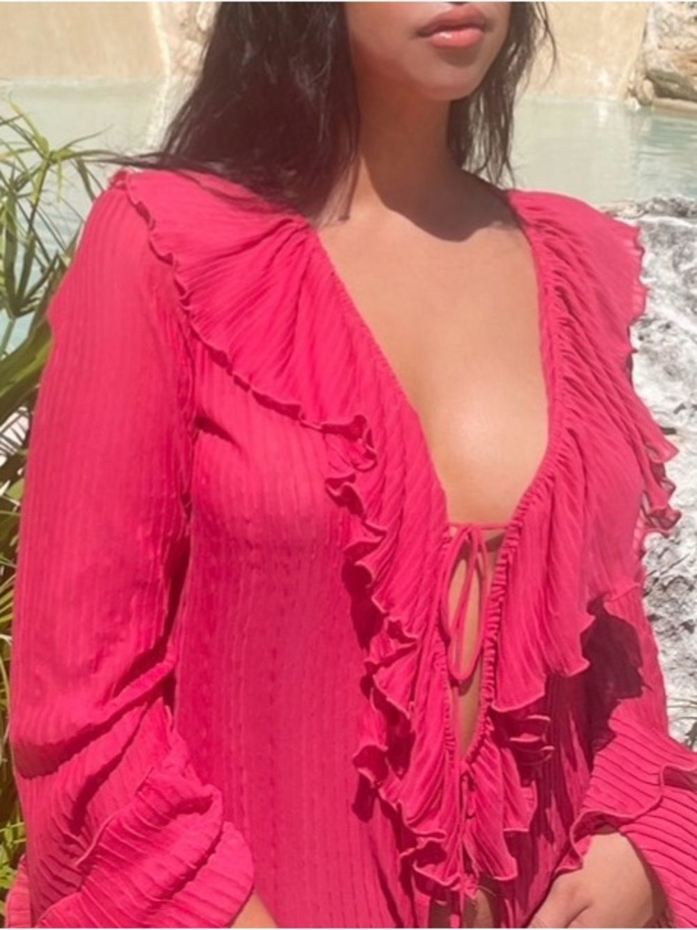 Zara Pink Ruffled Deep V Tie-Front Blouse
